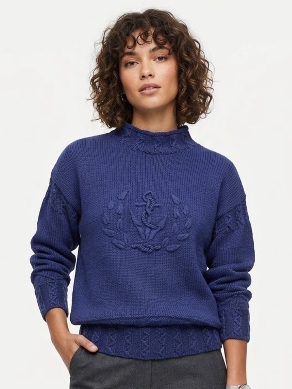 Vintage Ann Taylor Nautical Mock Neck Sweater Old Money Preppy Anchor Chunky